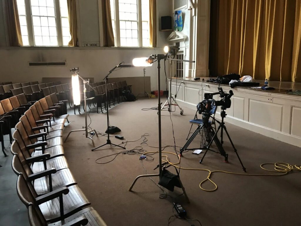 Stage area at BRIC with AV equipment set up