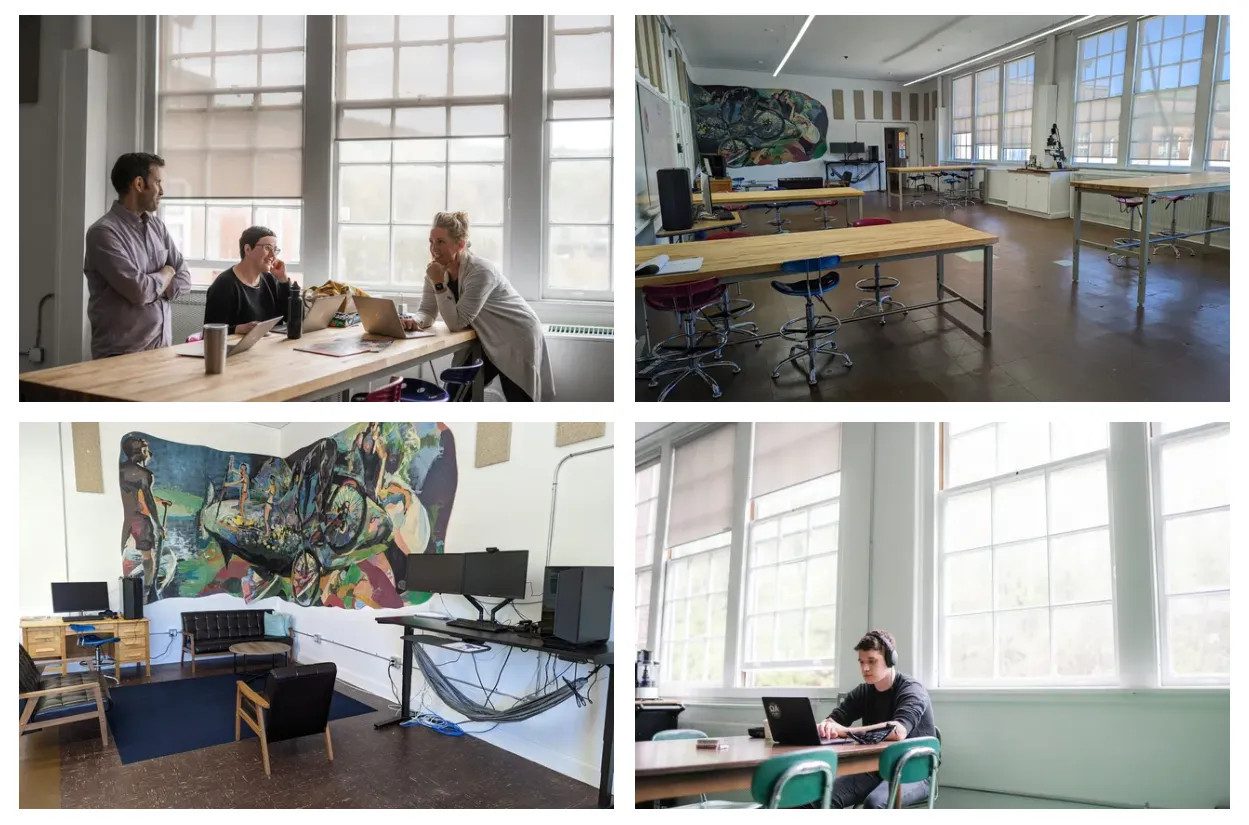 Bric coworking space collage showing desks, computers, and people working together